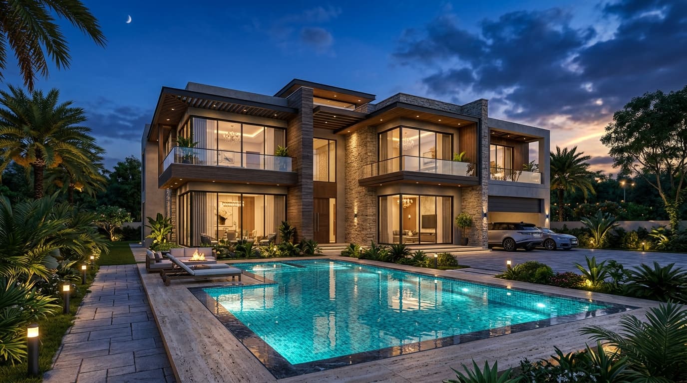 Photorealistic 3D architectural rendering of a modern luxury house at dusk
