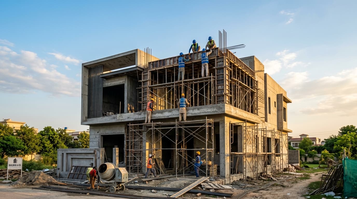 Residential house under construction in Islamabad at sunset