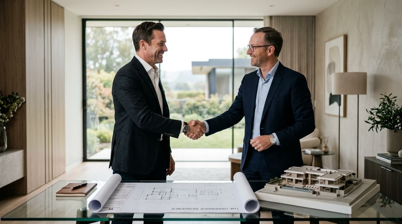 Two professionals completing a property deal over blueprints and a house model